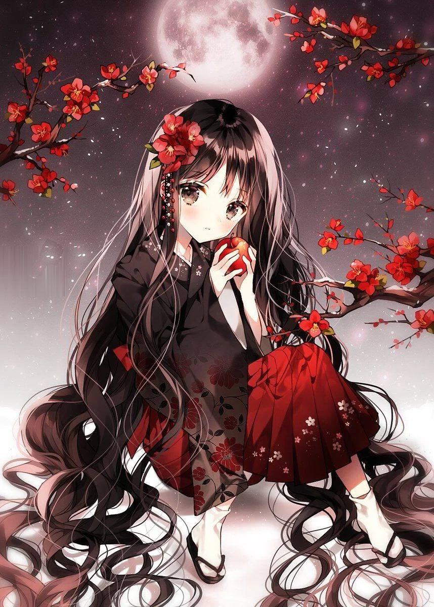 hình ảnh anime nữ ngầu với trang phục truyền thống dưới ánh trăng