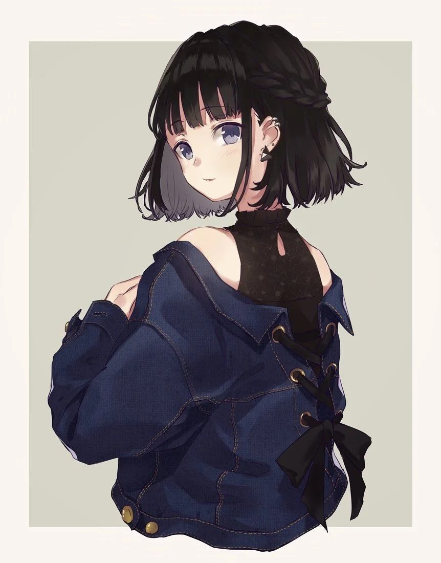 hình ảnh anime nữ ngầu với mái tóc ngắn và áo khoác denim thời trang